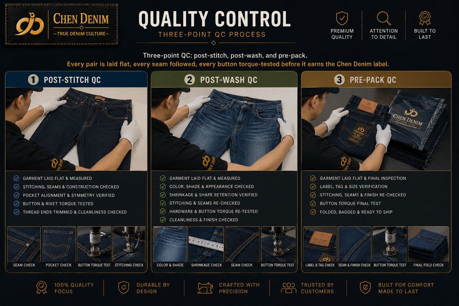 Chen Denim quality control — three-point QC process