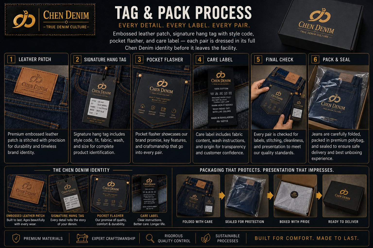 Chen Denim tag and pack process — final identity assembly
