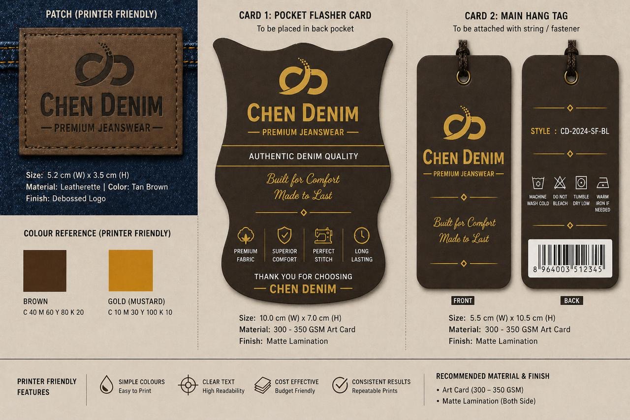 Chen Denim tag suite — patch, pocket flasher, hang tag